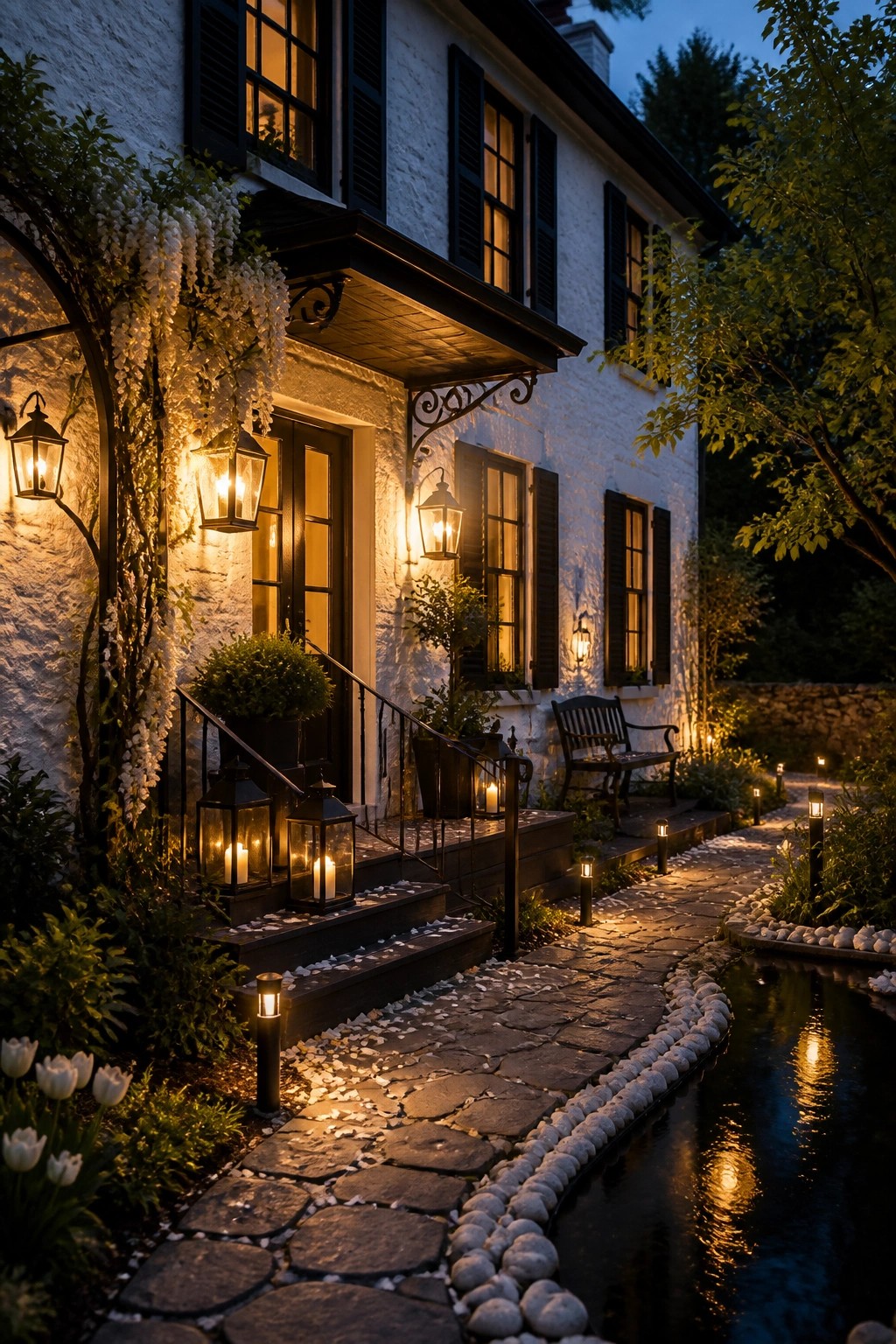 A white stucco house with black shutters, doors, and trim at dusk, lit by lanterns along a stone path beside a pond.