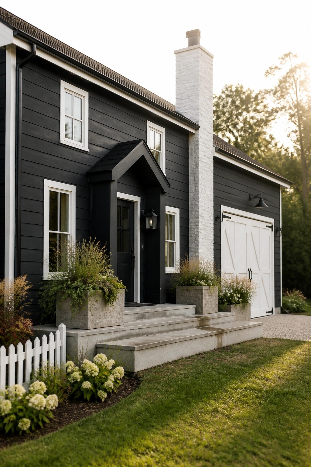 A black farmhouse with white trim, windows, garage doors, and a white chimney, shown from the front with concrete steps and potted plants.