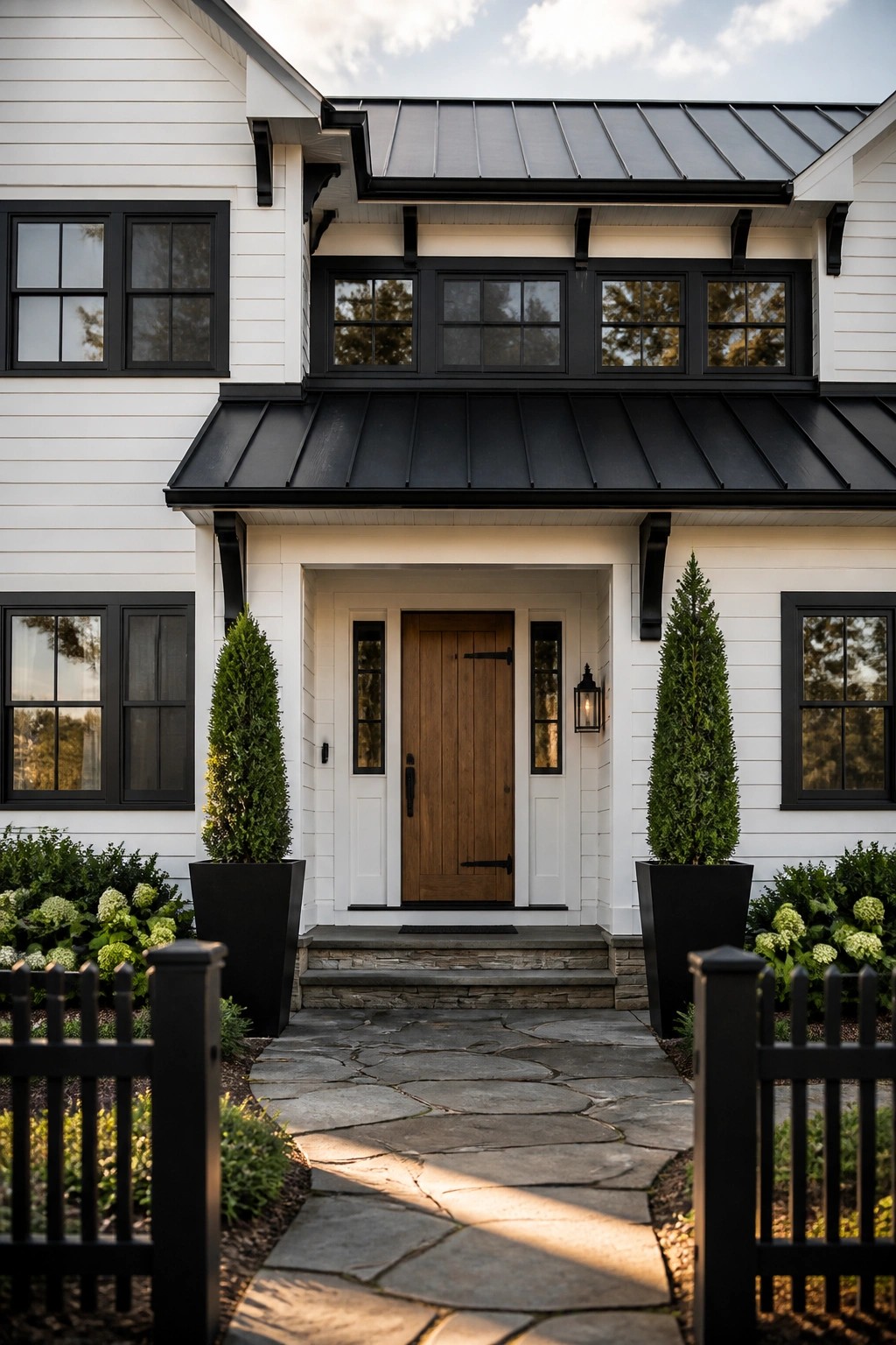 White house with black trim, wooden door, stone path, and potted evergreens.