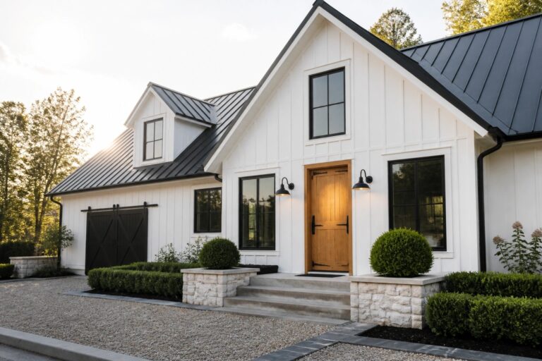 19 Bold Black and White Farmhouse Exterior Ideas for High-Contrast Curb Appeal Modern white farmhouse with black metal roof, wooden door, steps, and shrubs.