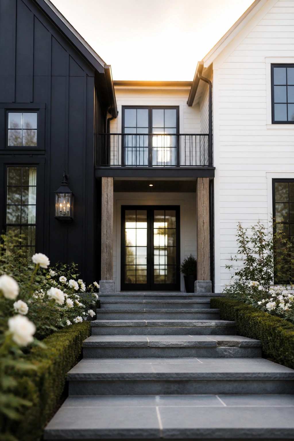 Front view of a two-story farmhouse with black siding on the left side and white siding on the right, centered on a black double door entry with stone steps and a second-floor balcony.