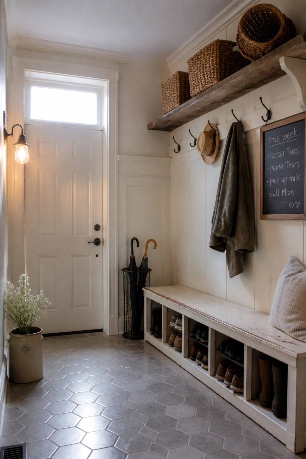An interior view of a white entryway with a built-in wooden bench featuring open shoe cubbies, wall hooks, a high shelf with baskets, and a white door with transom window.