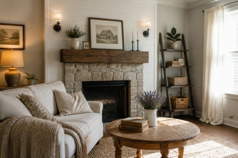 22 Classic Farmhouse Neutral Paint Colors That Never Go Out of Style White sofa and round wooden coffee table before stone fireplace on jute rug.