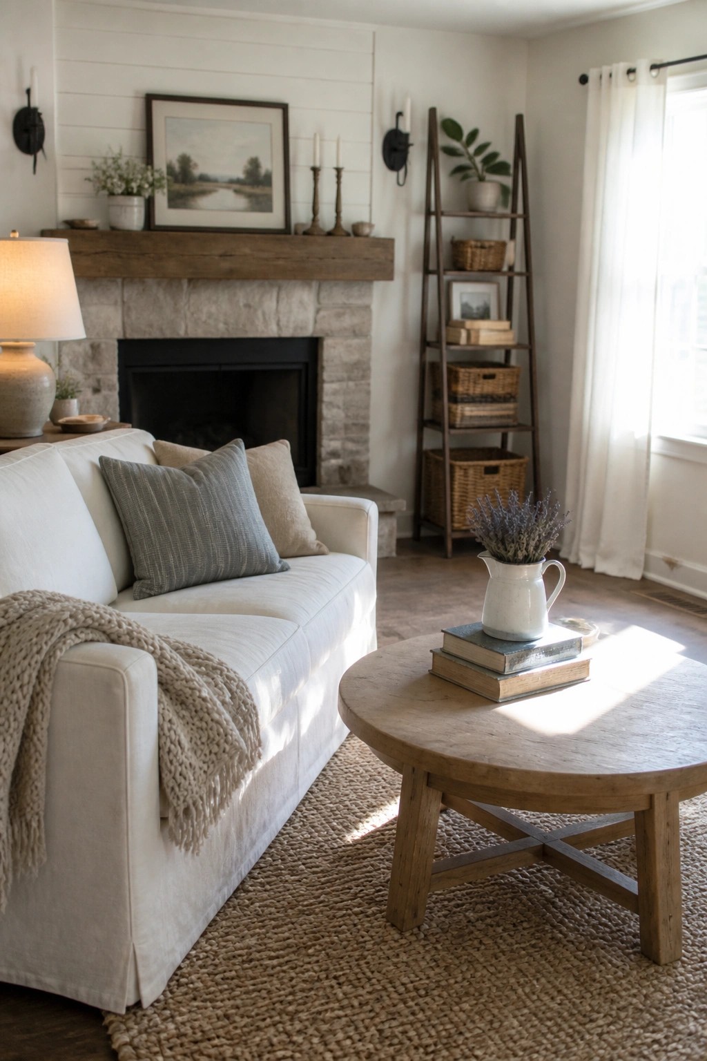 White sofa and round wooden coffee table before stone fireplace on jute rug.
