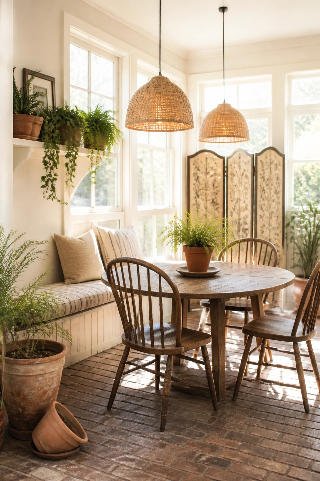 Rustic dining nook with round wooden table, spindle chairs, woven lights, and potted plants
