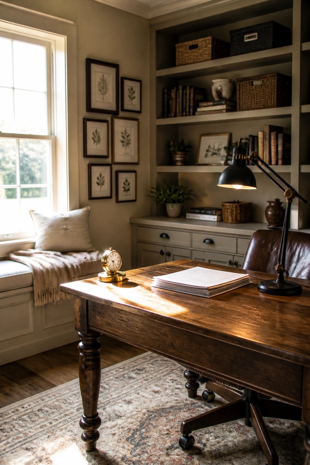 A home office with a wooden desk, black desk lamp, and built-in bookshelves on a light neutral wall, plus a window seat with a cushion.