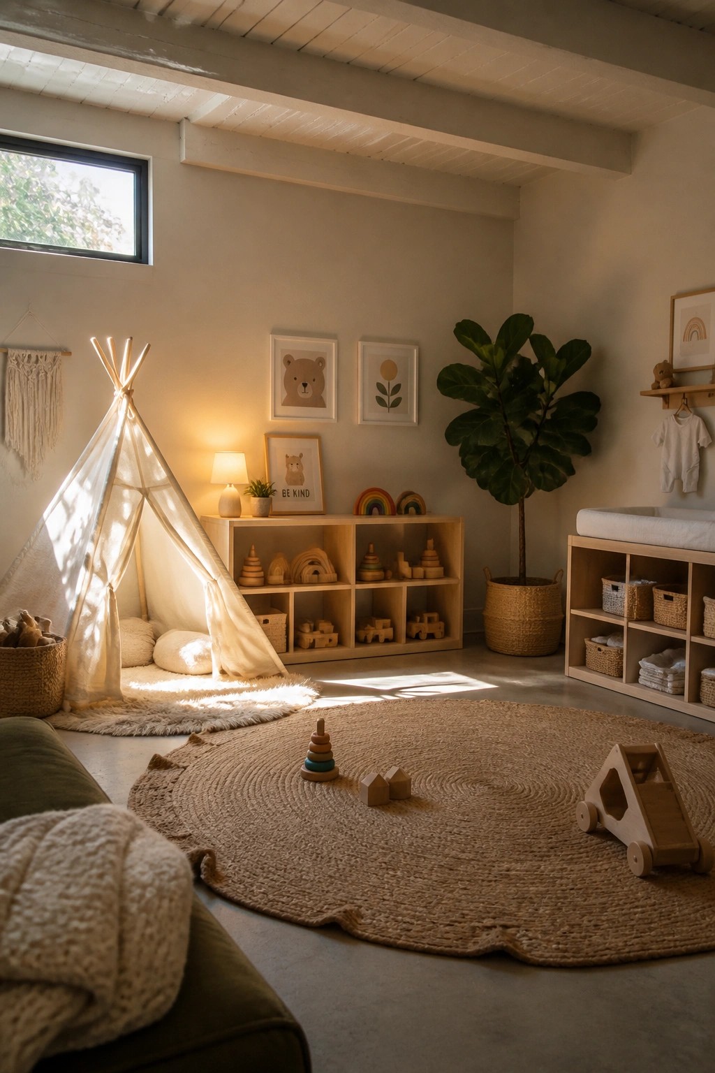 A children's playroom with light neutral walls, a canvas teepee, wooden toy shelves, and a large round jute rug.