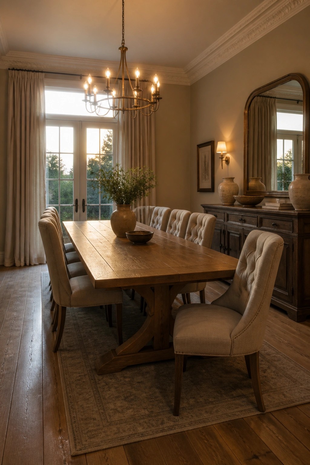Elegant wooden dining table with tufted chairs under a lit chandelier in a sunlit room