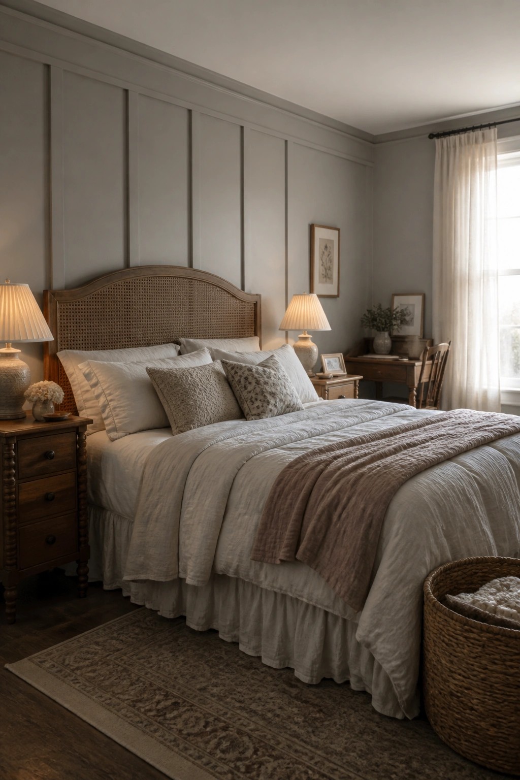 A bedroom with soft gray paneled walls, a wooden bed with cane headboard, white and beige linens, and wooden nightstands.