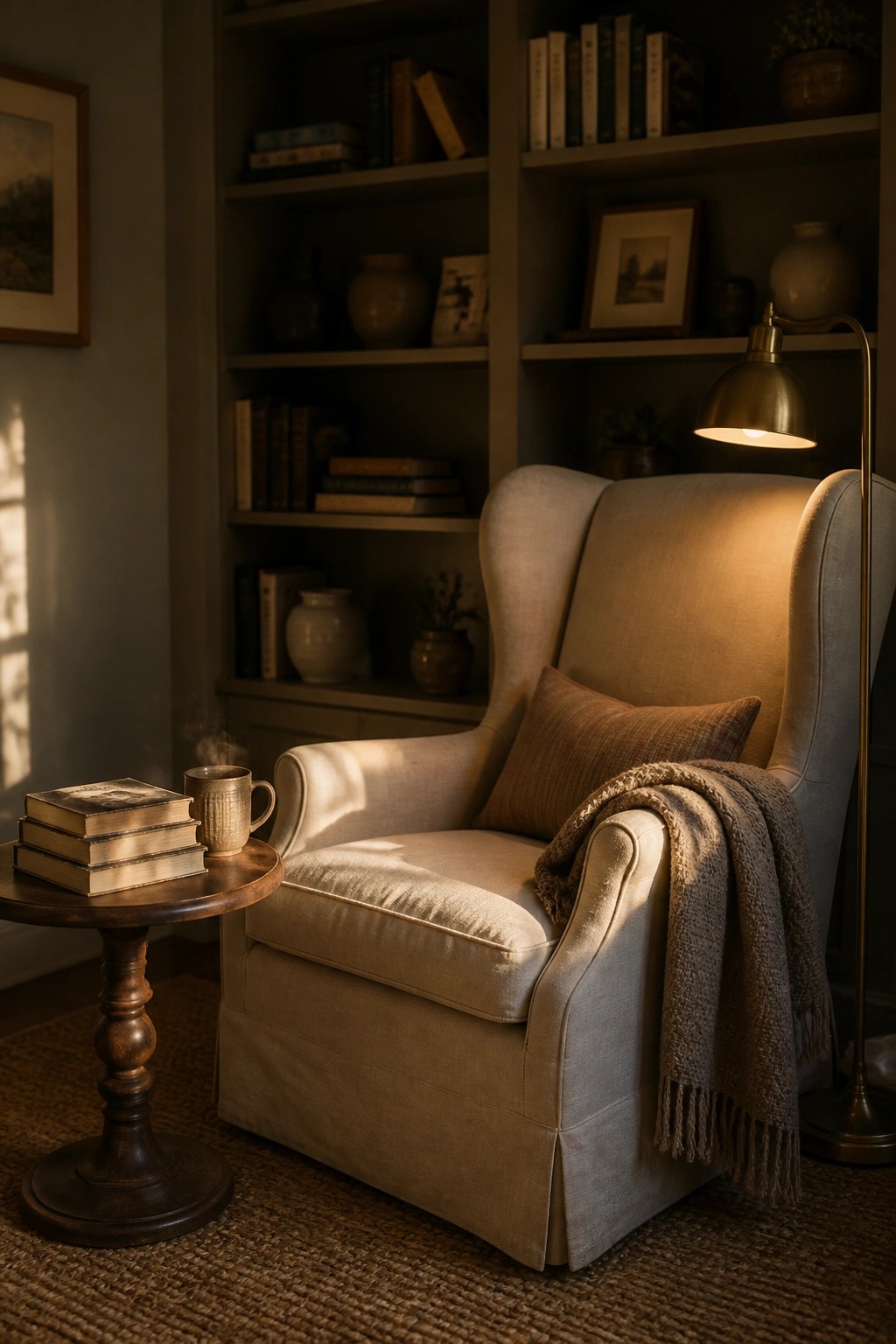 A beige wingback armchair with a brown pillow and knitted throw sits beside a wooden side table holding stacked books and a mug, in front of a built-in bookshelf with a lit floor lamp.