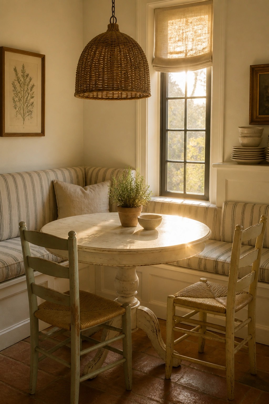 A round table with two wooden chairs sits in front of a window between built-in striped bench seating in a corner dining area.