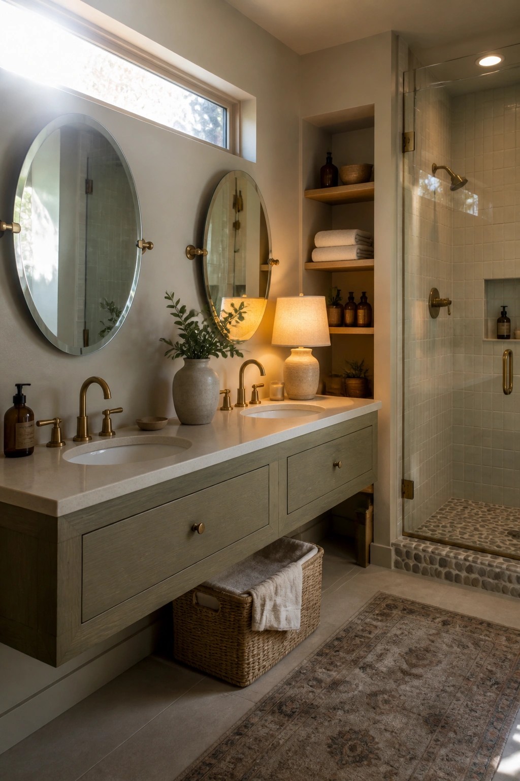 A bathroom vanity with two sinks, a light neutral painted cabinet, round mirrors, and a glass shower enclosure on the right.