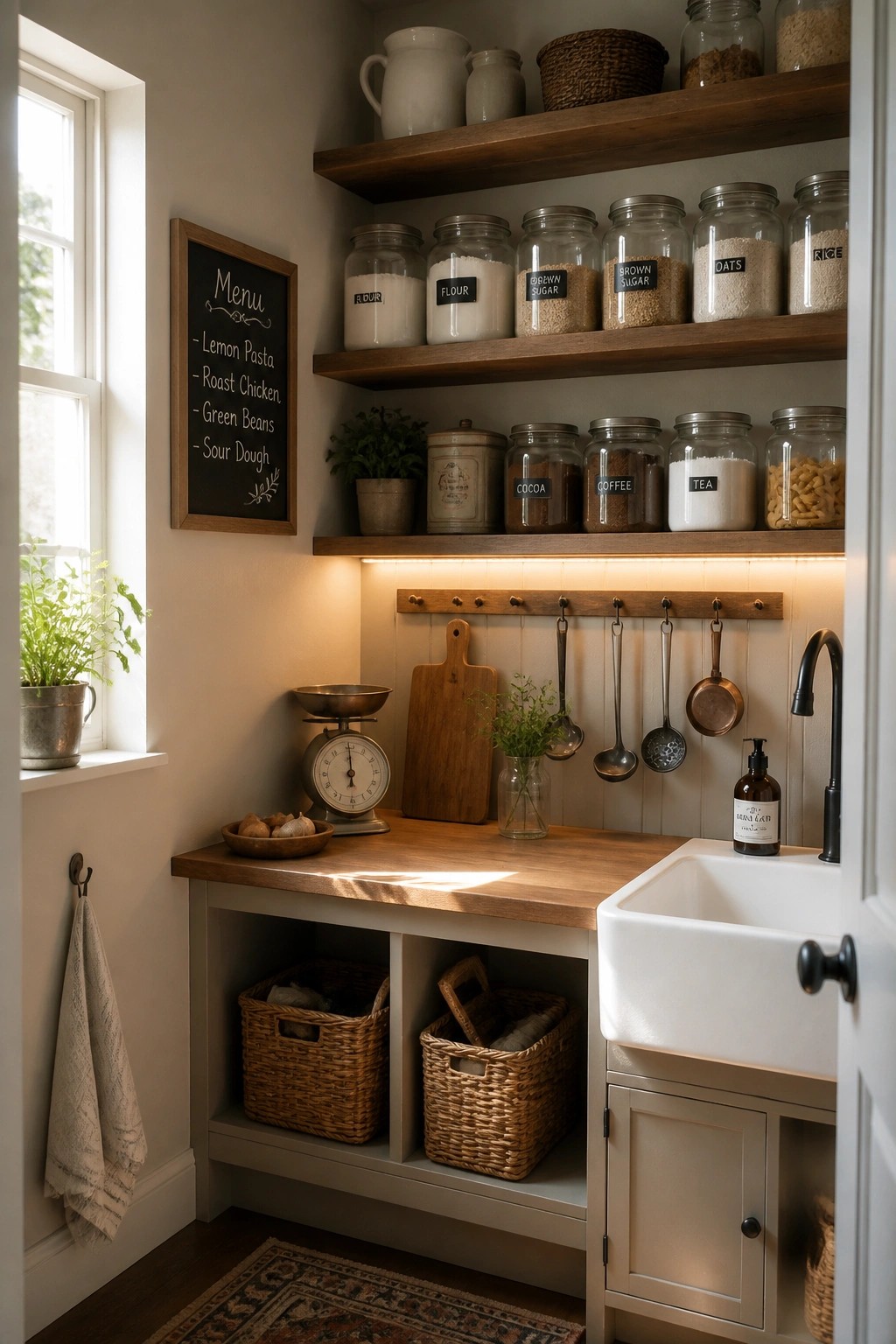 A corner of a farmhouse kitchen with open wooden shelves holding glass jars, a wooden countertop, white sink, and wicker baskets stored below.