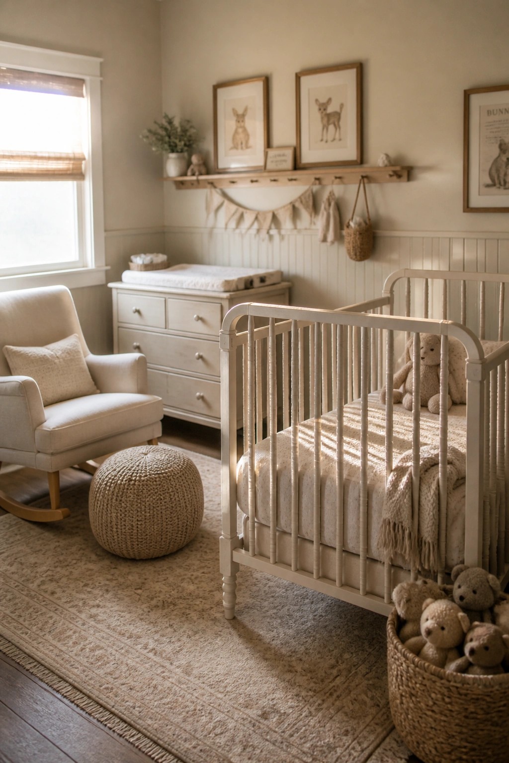 A light neutral nursery featuring a white crib, wooden dresser with changing pad, rocking chair, and framed animal prints above a wall shelf.