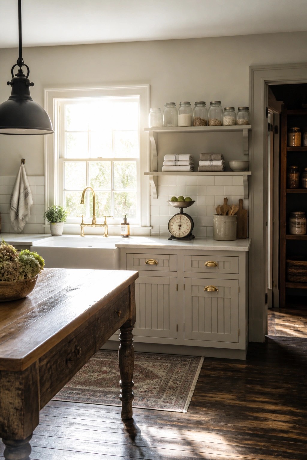 A bright farmhouse kitchen with light neutral cabinets, a white farmhouse sink, brass faucet, and open shelves above a tiled backsplash.