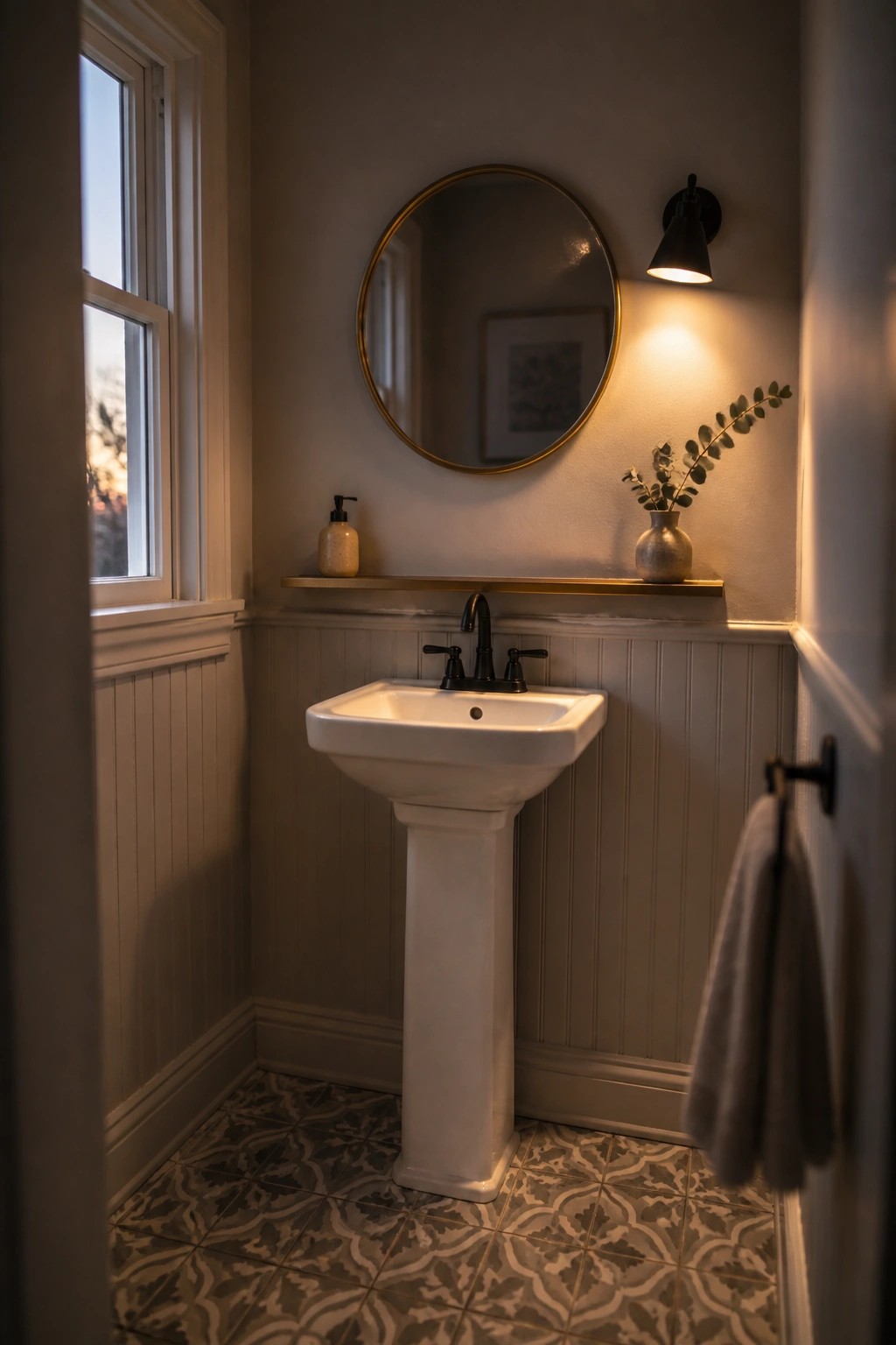 A small bathroom interior showing a white pedestal sink beneath a round mirror, with light neutral walls, white wainscoting, and patterned floor tiles.