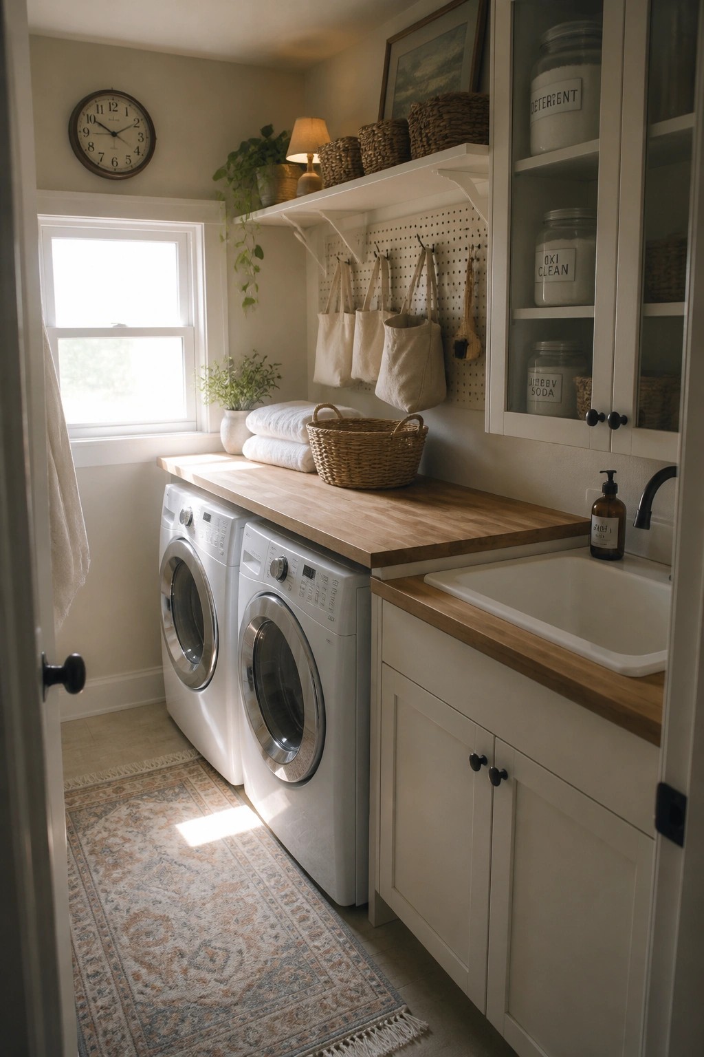 Bright laundry room with white washer-dryer, wooden counters, sink, and organized shelves.
