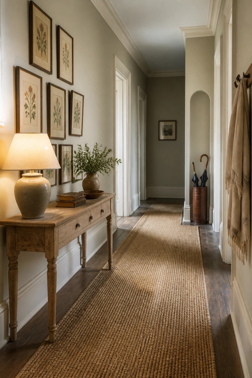 A long interior hallway with light neutral walls, a wooden console table with a lamp and books, framed botanical prints above it, and a woven jute runner on dark wood floors.