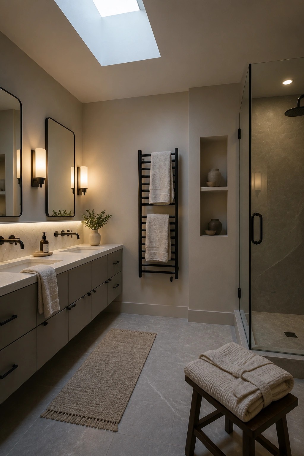 A modern bathroom with warm neutral walls, a double vanity, black towel ladder, built-in niches, and a glass-enclosed shower.