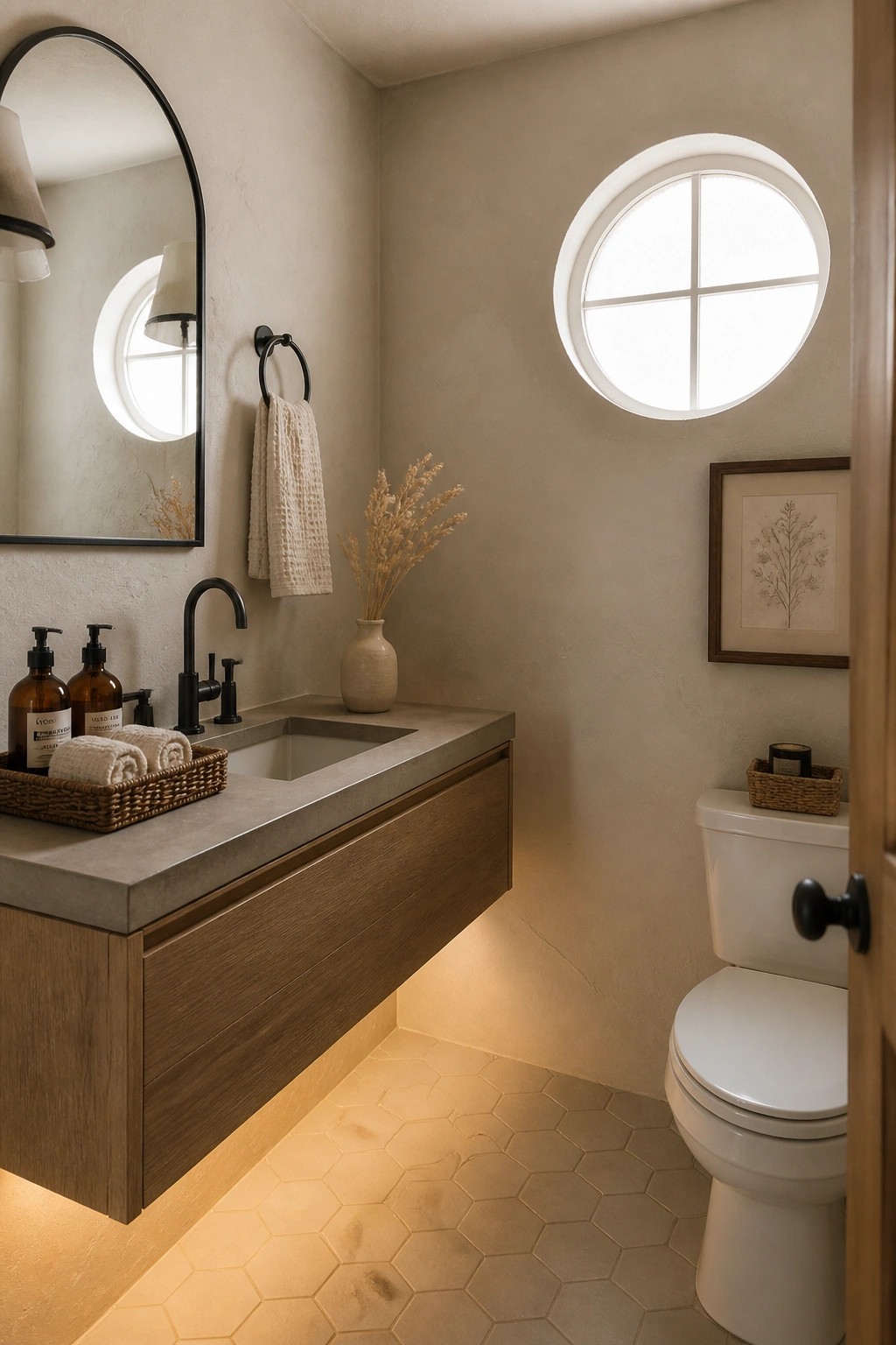 A bathroom with beige plaster walls, a floating wood vanity topped with concrete, black faucet, round mirror, and a white toilet beneath a circular window.