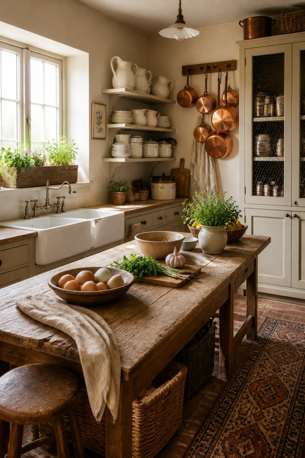 A rustic farmhouse kitchen featuring a large wooden table with a bowl of eggs, a white farmhouse sink under a window, open shelves with white dishes, and copper pots hanging on the wall.