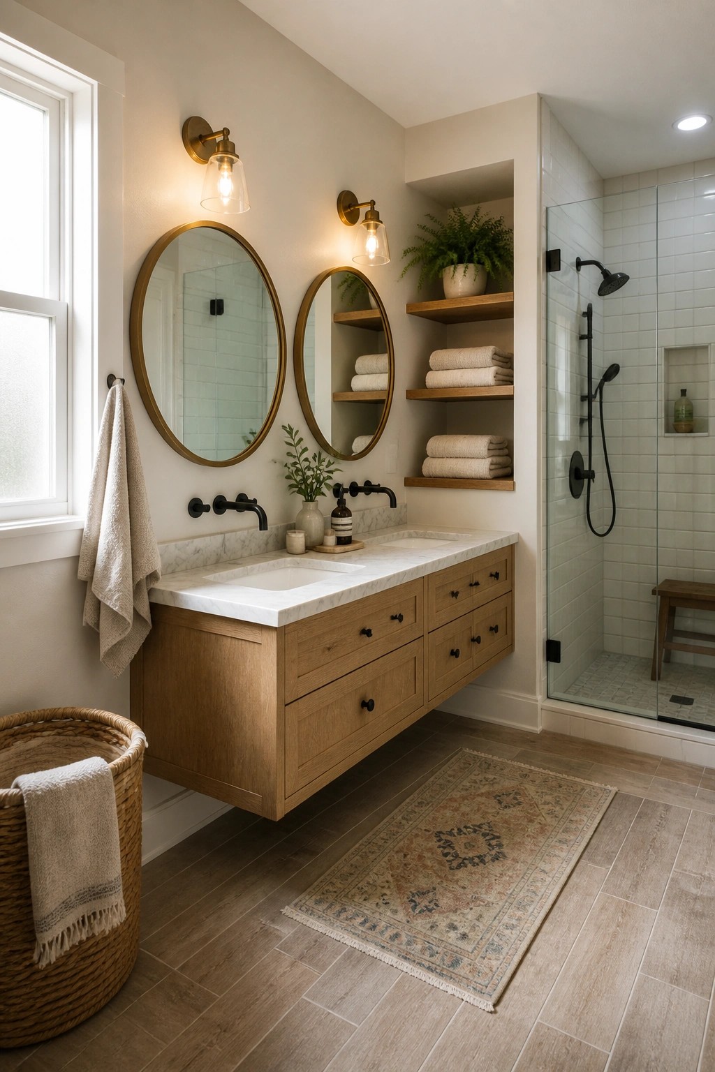 A bathroom with warm neutral walls, a floating wood vanity topped with white marble, two round mirrors, black fixtures, and a glass enclosed shower.
