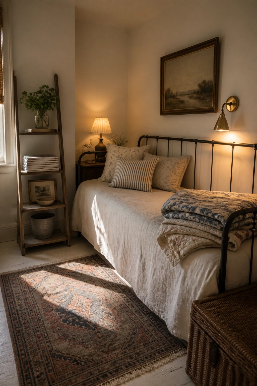 A small bedroom with warm neutral walls, a black metal bed with white and patterned linens, a wooden ladder shelf, and sunlight across an oriental rug.