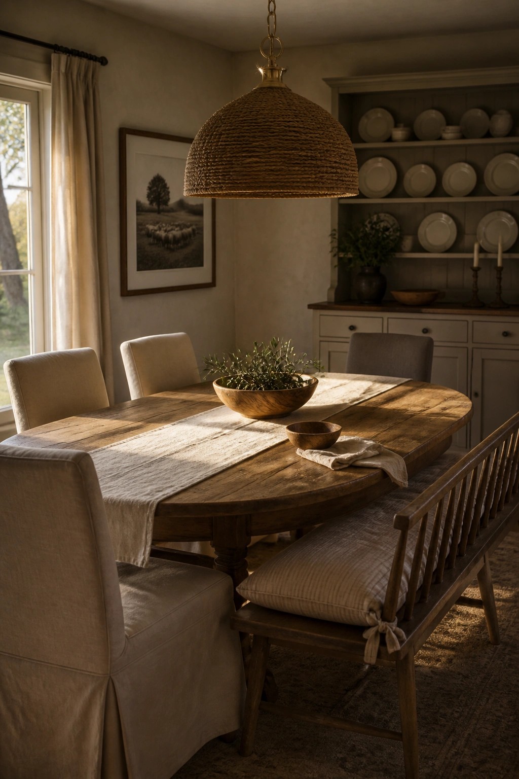 A farmhouse dining room with a large wooden table, upholstered chairs, a wooden bench, a woven pendant light, and open shelving with dishes in the background.