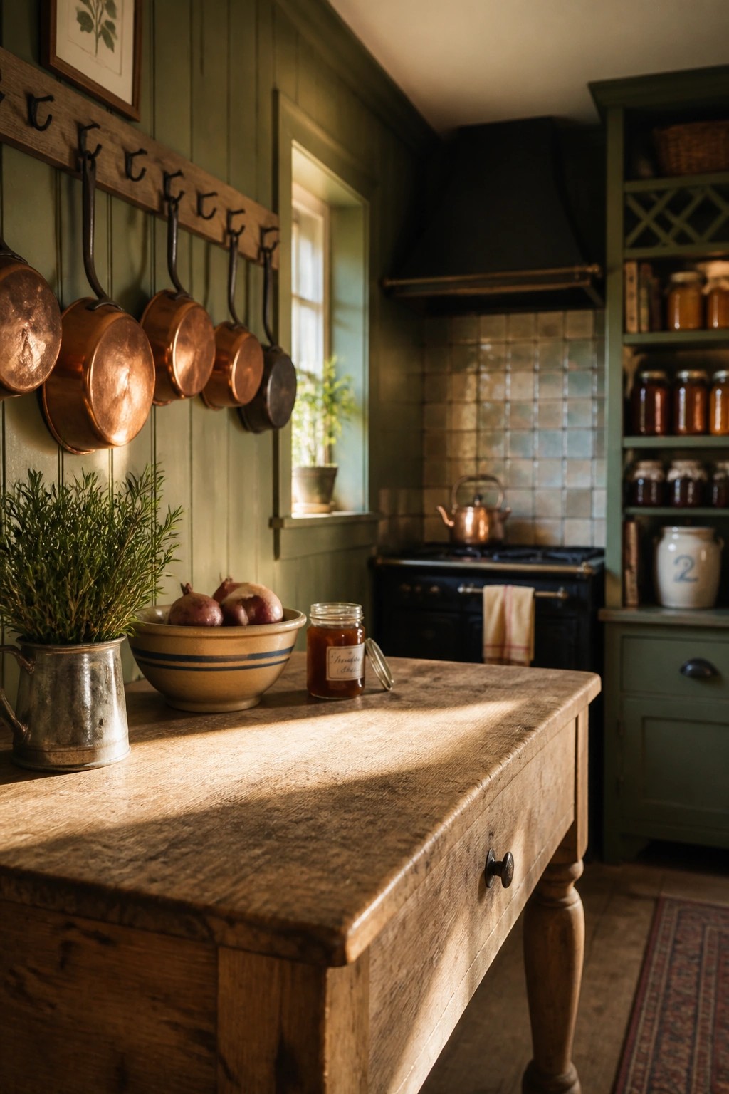 A rustic kitchen interior with sage green walls, copper pots hanging from a wooden rack, and a worn wooden table in the foreground holding a bowl of onions and a jar of preserves.