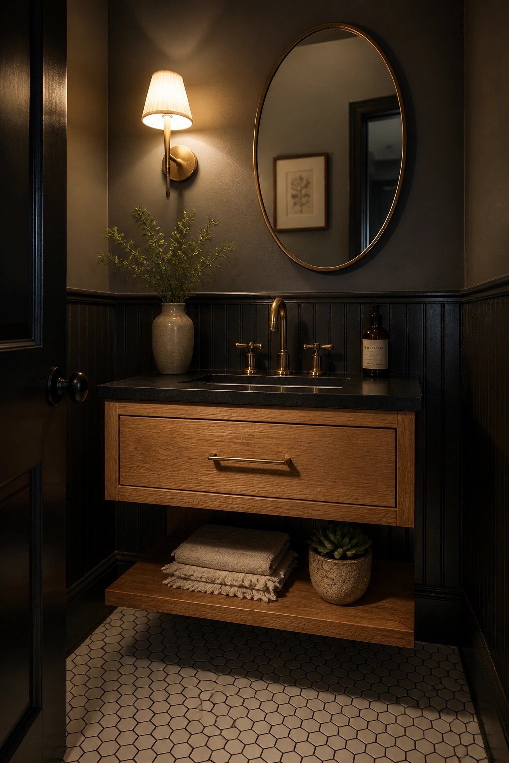 A bathroom interior with dark gray walls, black beadboard wainscoting, a floating wood vanity with black countertop, brass faucet and handles, and a round gold-framed mirror.