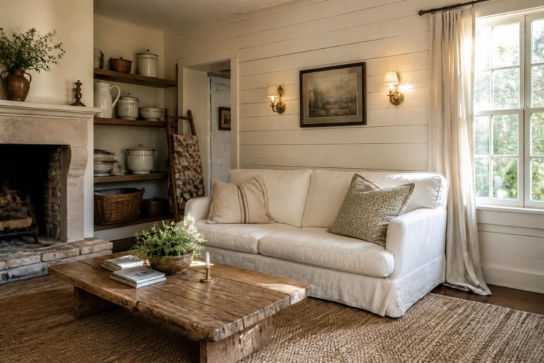 22 Cozy Rustic Farmhouse Paint Colors for Warm and Welcoming Interiors A living room with white shiplap walls, a slipcovered white sofa, a rustic wooden coffee table, and a stone fireplace.