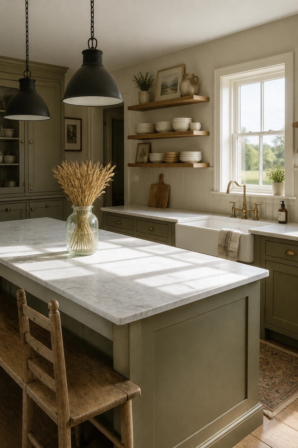 A kitchen interior featuring an island with a marble top, sage green cabinetry, black pendant lights, open wooden shelves with white dishes, and a white farmhouse sink beneath a window.