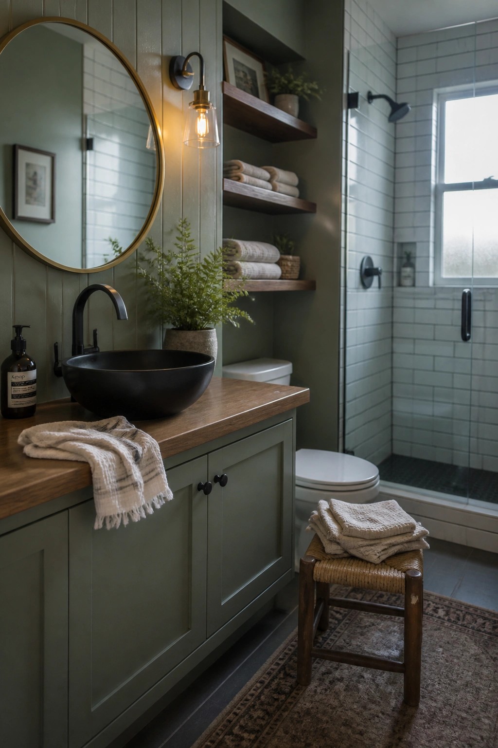 A bathroom interior with sage green vertical paneling, a wooden vanity topped with a black vessel sink, floating wood shelves, and a glass shower with light tiles.