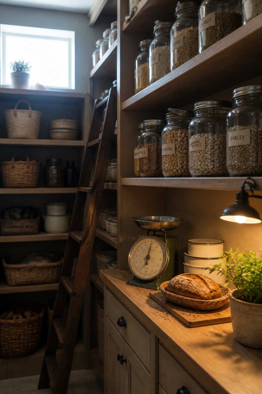 A rustic interior pantry with wooden open shelves filled with labeled glass jars of grains and beans, woven baskets, a leaning wooden ladder, and a wooden countertop holding a vintage scale and a loaf of bread.