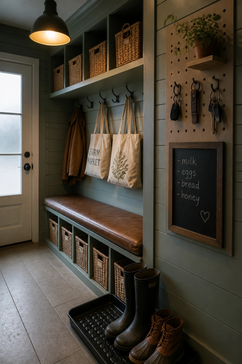 Farmhouse mudroom with cushioned bench, woven baskets, canvas totes, rubber boots, and chalkboard list