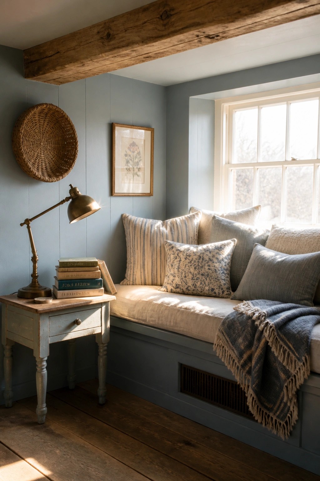 An interior view of a room with light blue walls, a wooden window seat with pillows and a throw blanket, a small side table holding stacked books and a brass lamp, and a woven basket mounted on the wall.