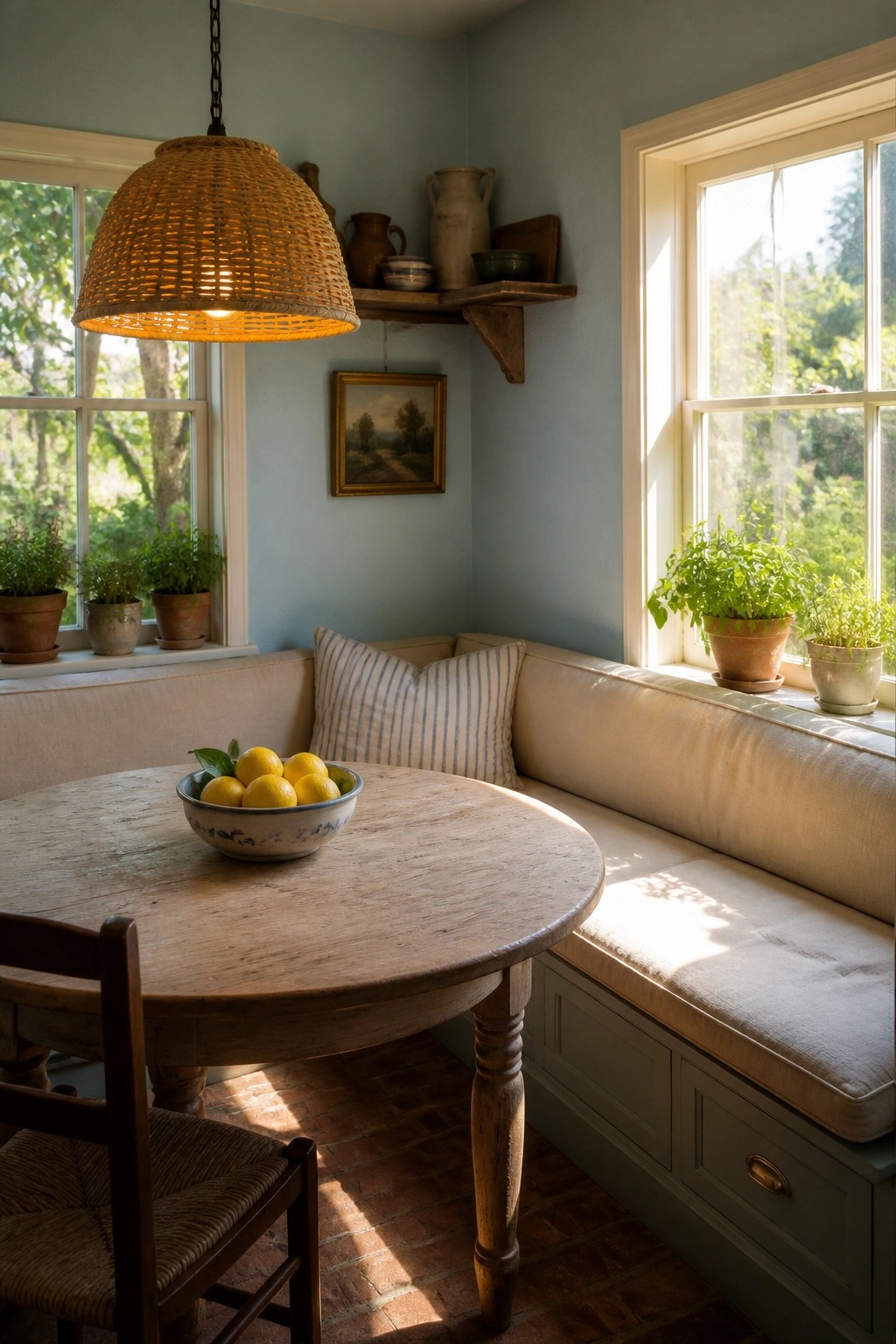 A rustic interior dining nook with pale blue walls, a round wooden table holding a bowl of lemons, a cushioned built-in bench, and large windows letting in sunlight.