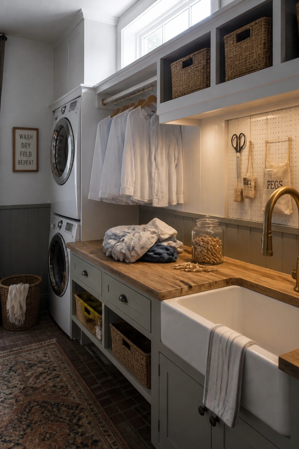 A laundry room featuring gray painted cabinets, a wooden countertop with a white farmhouse sink, stacked washer and dryer, and open shelving with baskets and hanging clothes.