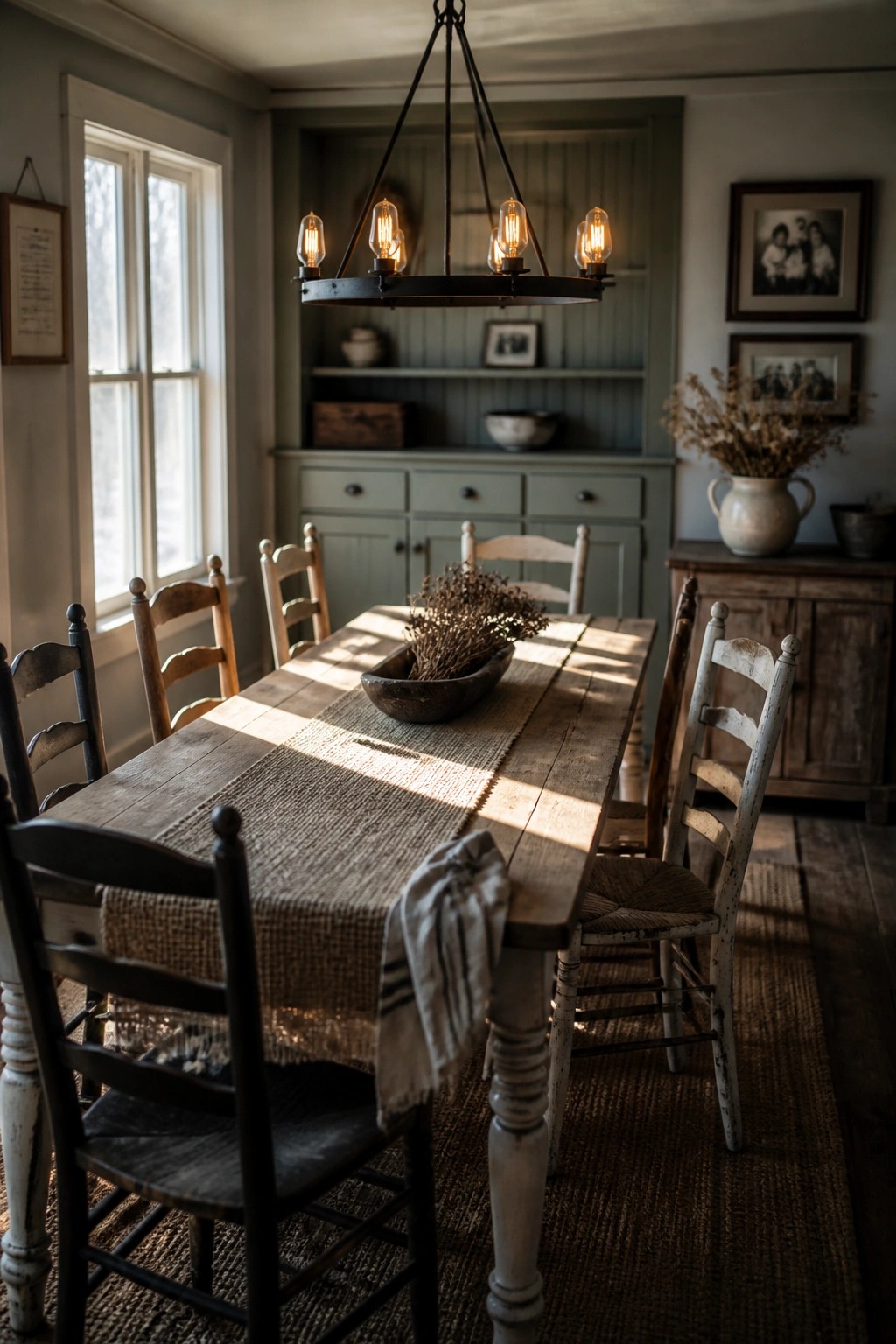 A rustic dining room featuring a long wooden table with a burlap runner, mixed wooden chairs, a black metal chandelier, and sage green built-in cabinetry against the back wall.