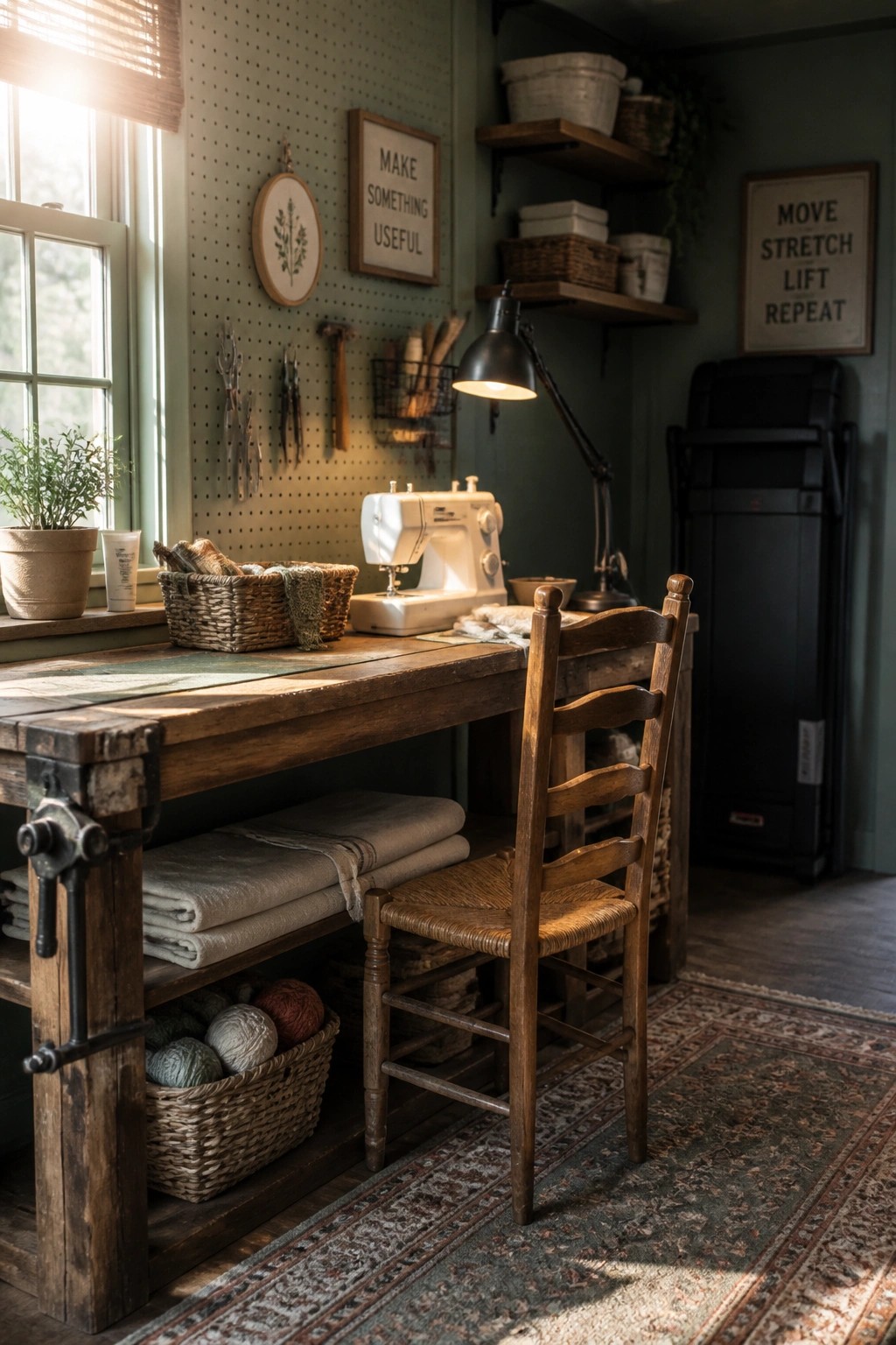 A rustic craft room featuring a wooden work table, sewing machine, pegboard wall painted soft green, and woven storage baskets.