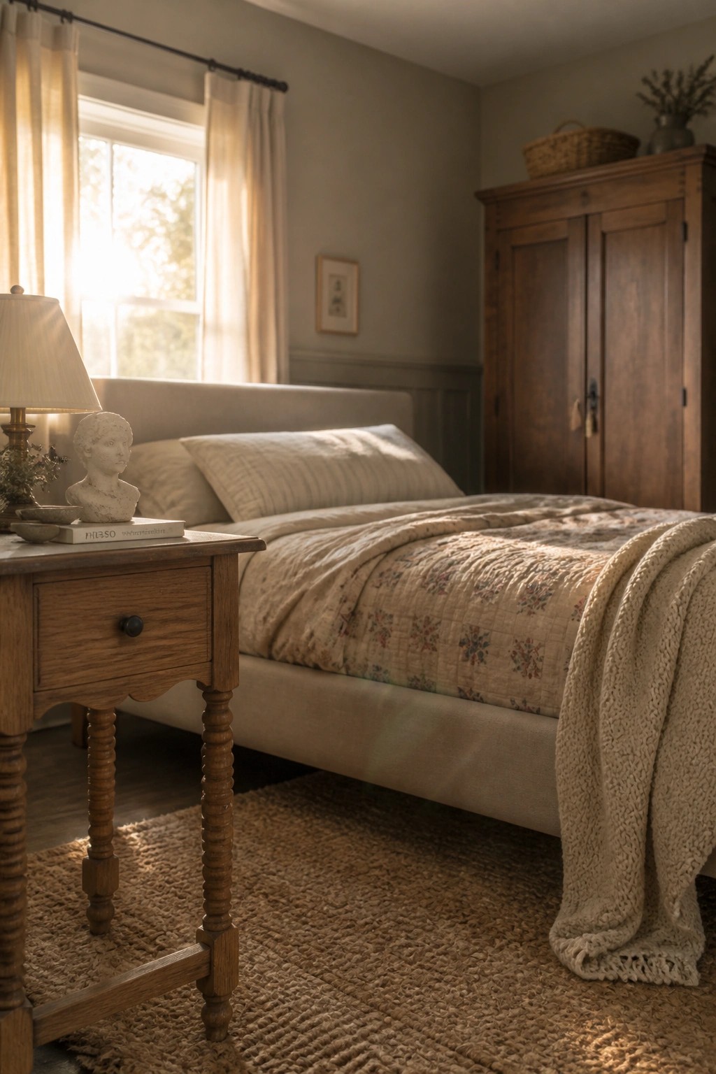 A bedroom interior with a bed dressed in neutral linens and a floral quilt, a wooden nightstand holding a lamp and small sculpture, and soft gray green walls.
