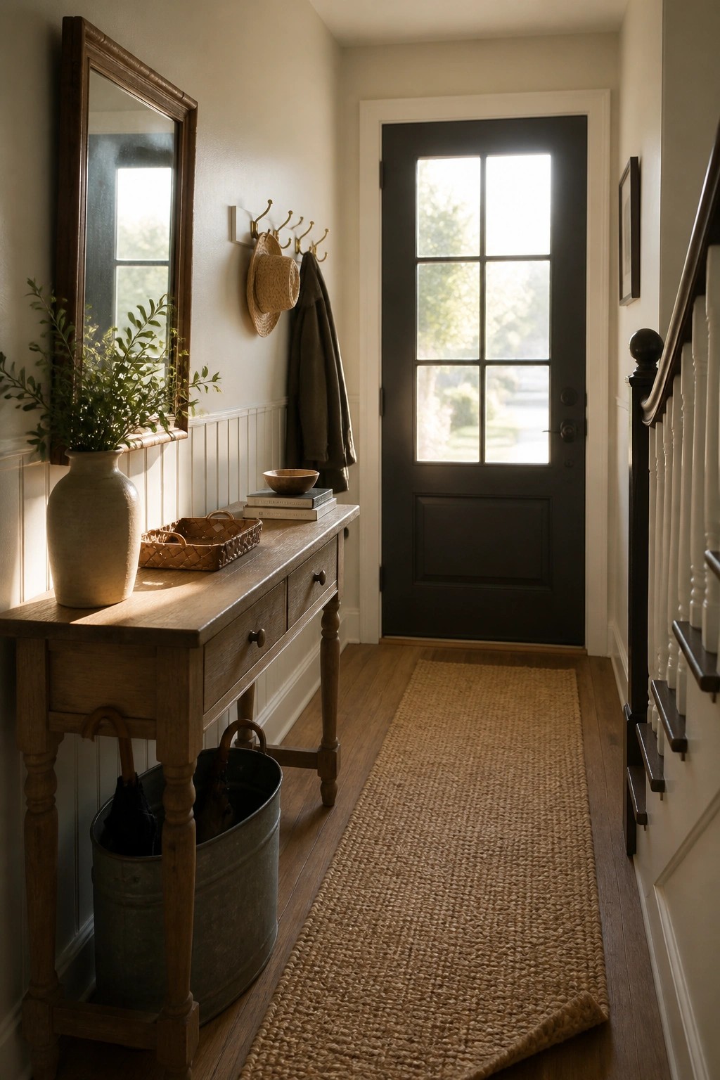 A narrow interior entry hallway with light neutral walls, a wooden console table, a dark paneled front door, and a woven runner rug on hardwood flooring.