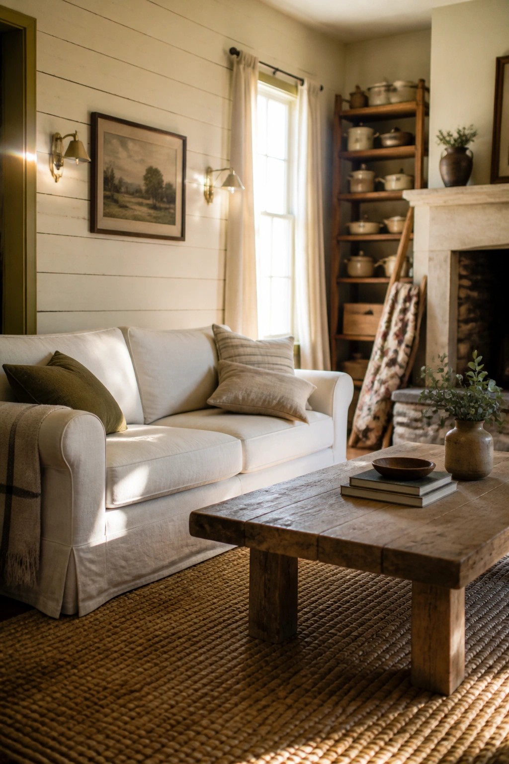 A living room with white shiplap walls, a slipcovered white sofa, a rustic wooden coffee table, and a stone fireplace.