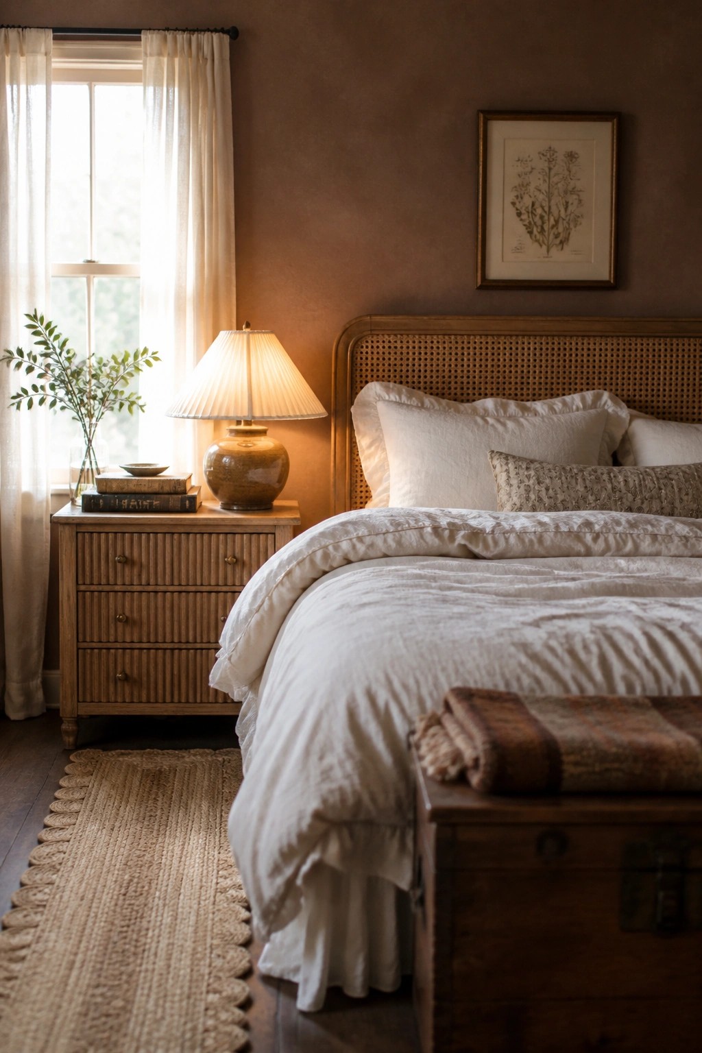 A bedroom interior with warm brown walls, a cane headboard bed with white linens, a wooden nightstand with a lit lamp, and a window with sheer curtains.