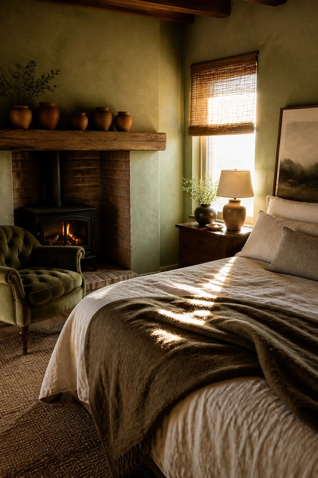 A bedroom interior with muted green walls, a brick fireplace with black wood stove, wooden mantel holding pottery, a green velvet chair, and a bed with white and brown linens beside a window with a woven shade.
