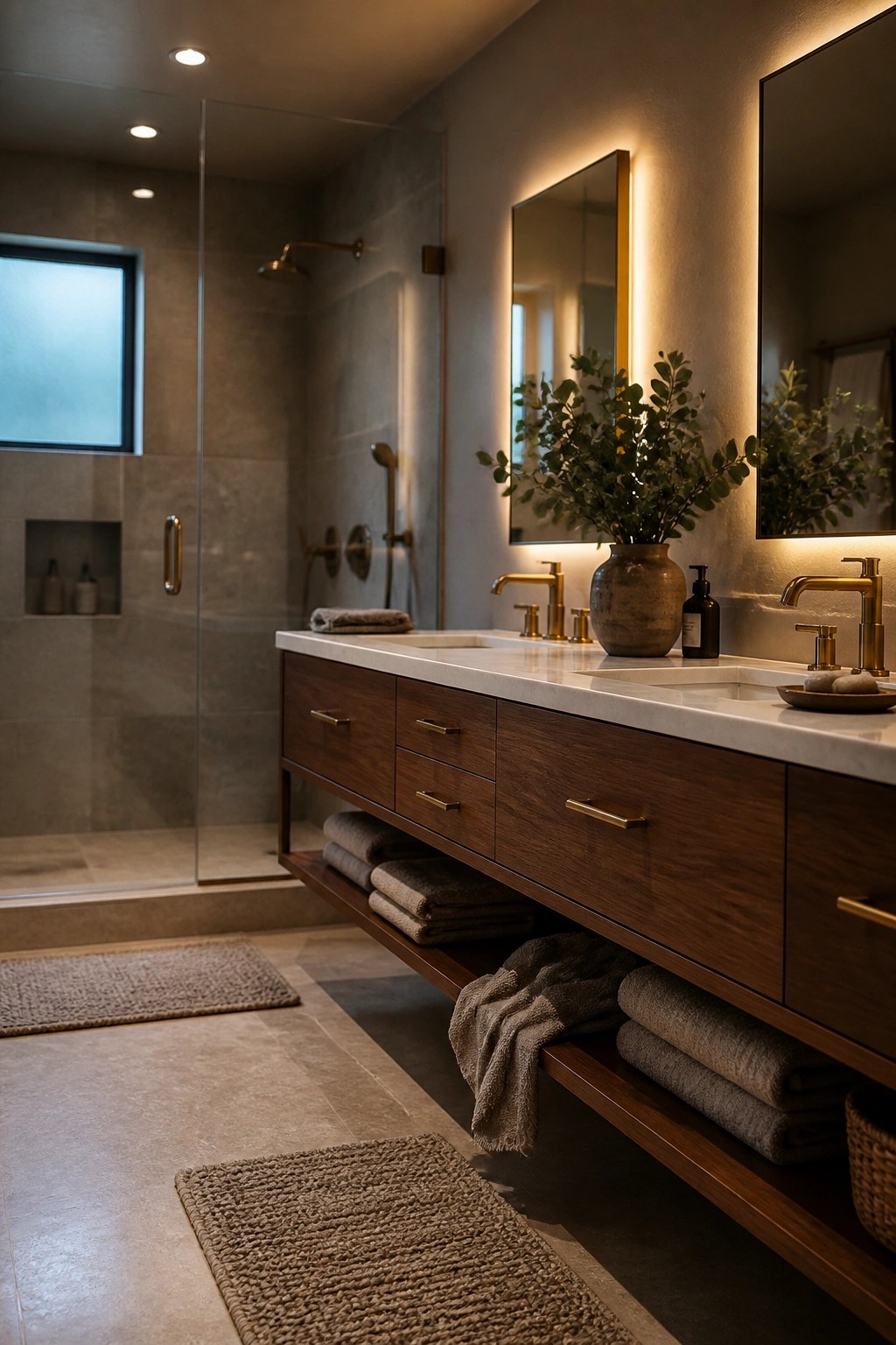 A bathroom with a floating dark wood vanity, white countertop, brass fixtures, warm gray walls, and two mirrors above the sinks.