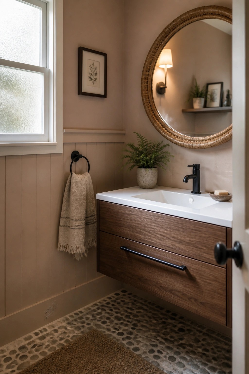 A small bathroom with warm beige walls, a floating dark wood vanity, white countertop, and round woven mirror above the sink.