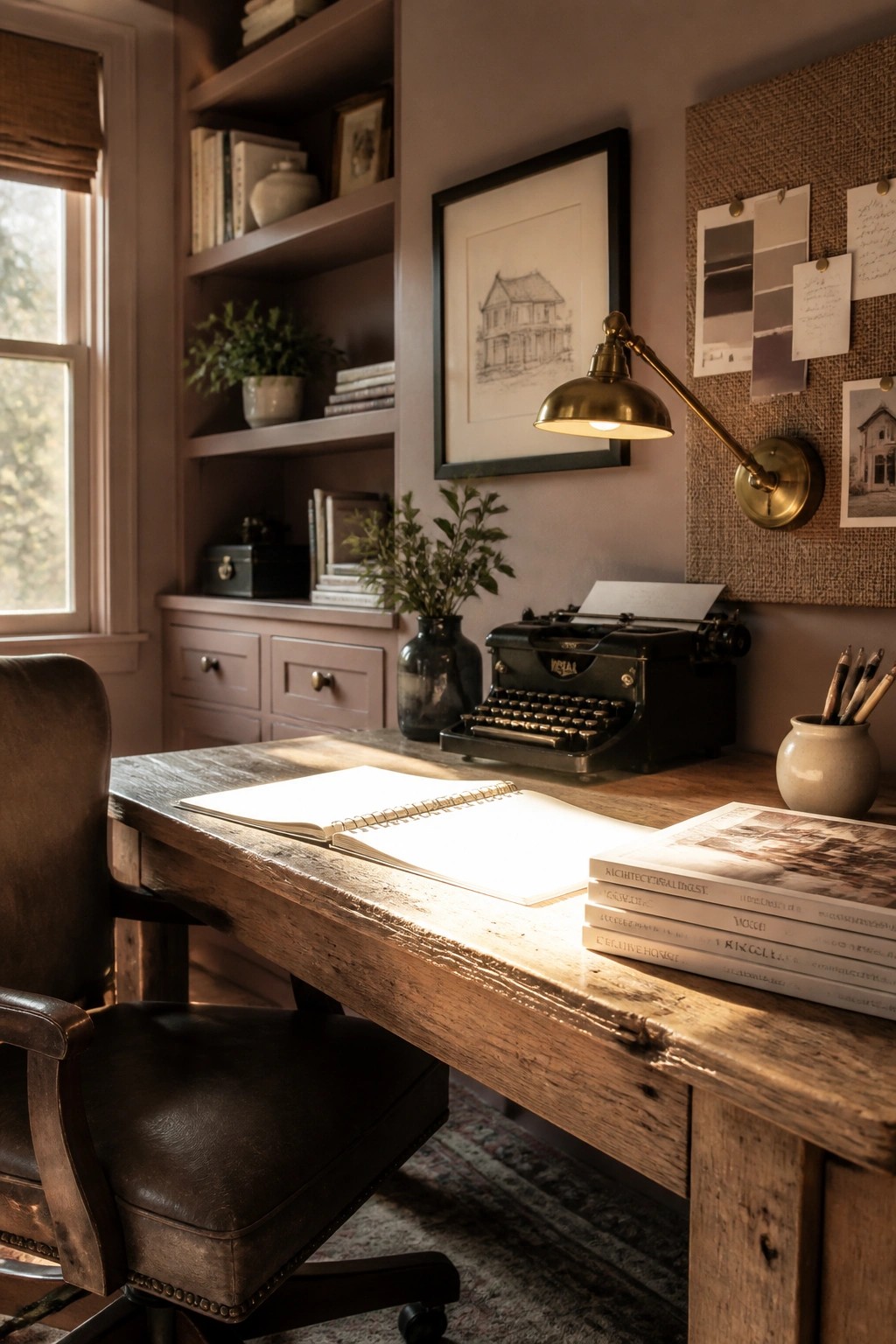 A rustic home office features a wooden desk with an open notebook and vintage typewriter, built-in shelves filled with books, and warm muted walls.