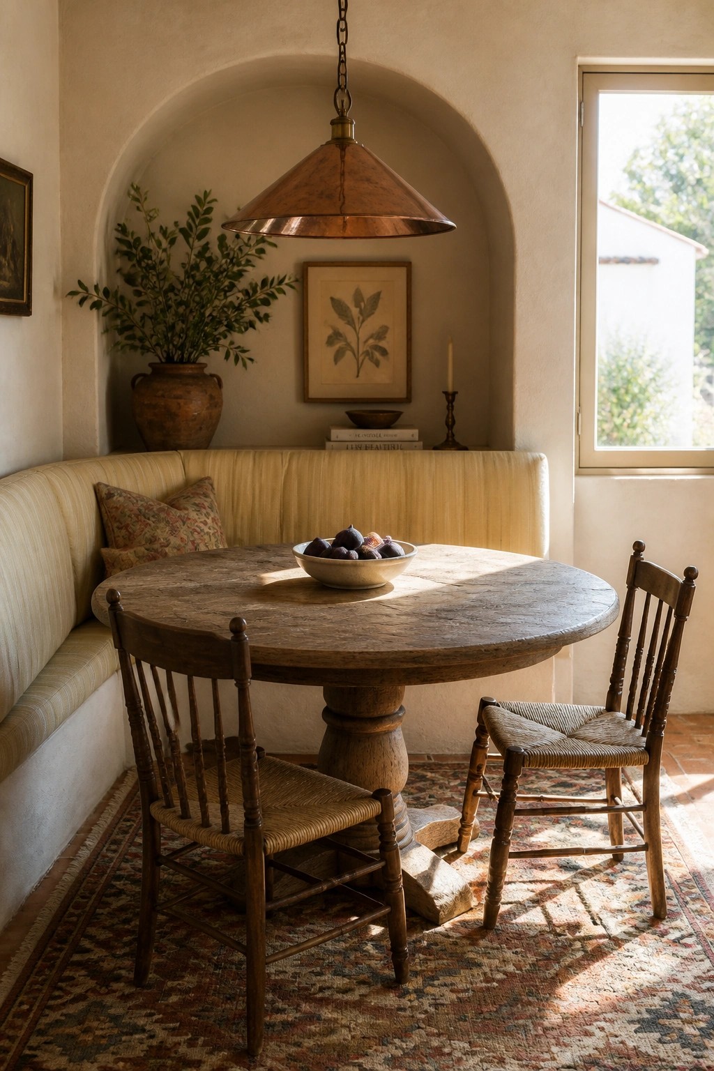 A round wooden dining table with two woven chairs and a built-in bench sits in a corner beneath a large arched alcove with warm neutral walls.