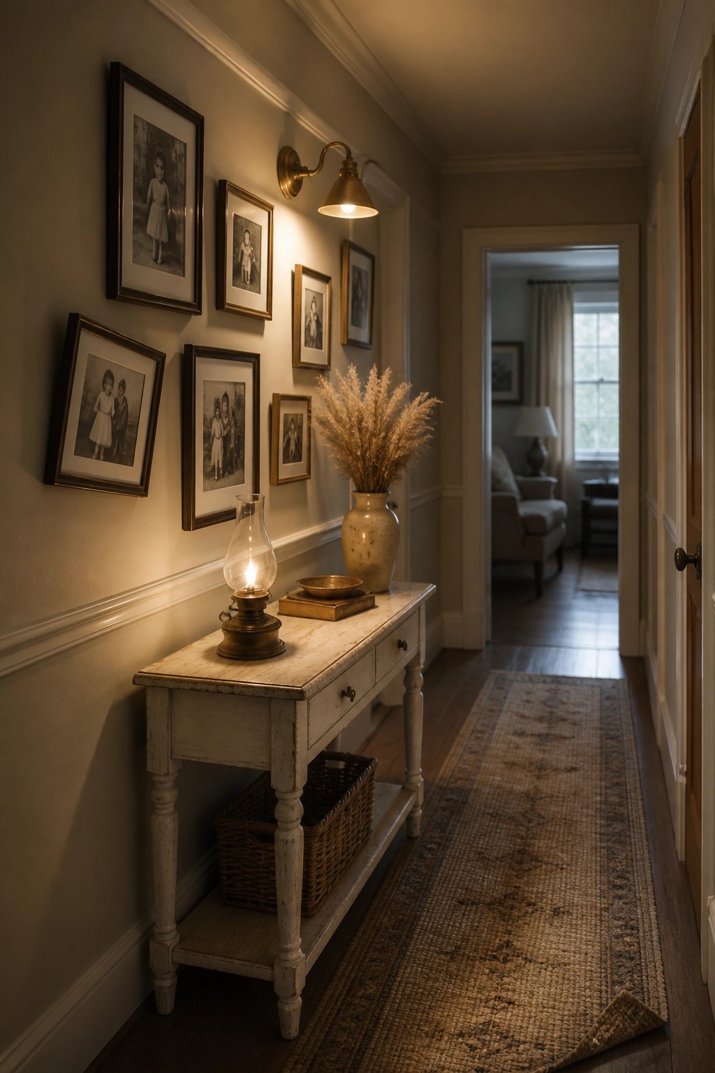 Hallway with distressed console table, lit oil lamp, pampas grass vase, and framed photos.